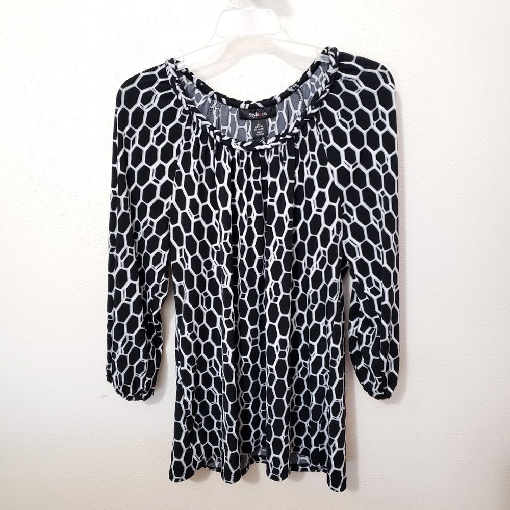 Style & Co Black and White Chain Pattern Blouse Long Sleeve Size Large
